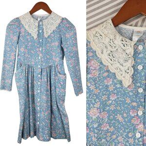 Vtg Peaches n Cream Girls Dress Floral Blue Lace Collar Pleated Skirt Size 10